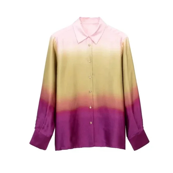 🔥HP🔥 Tie Dye Shirt Women Casual Button Lapel Print Satin Long Sleeve Shirt - Picture 2 of 7